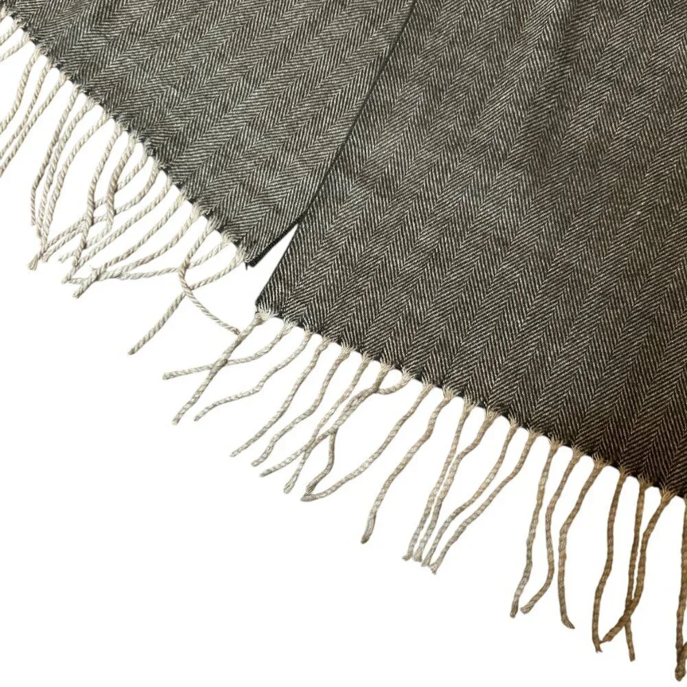 Italian Design Brown Herringbone Cashmere Blend Scarf with Fringe
